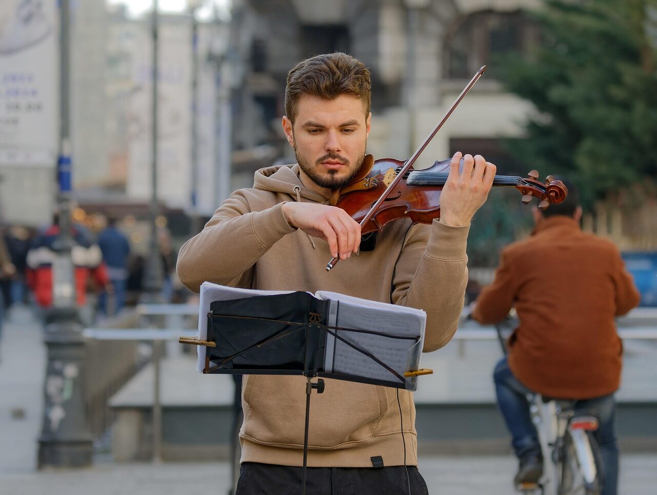 man, busker, violin, young, outdoors, street, urban, musician, performance, violinist